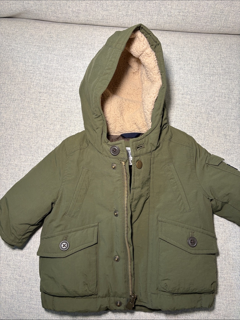 GAP Olive Puffer Jacket with Faux Fur
